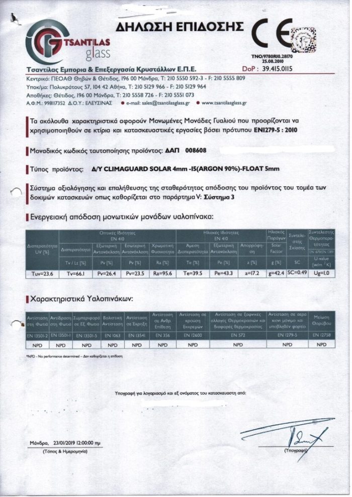 Πιστοποιητικά ενεργειακά τζάμια